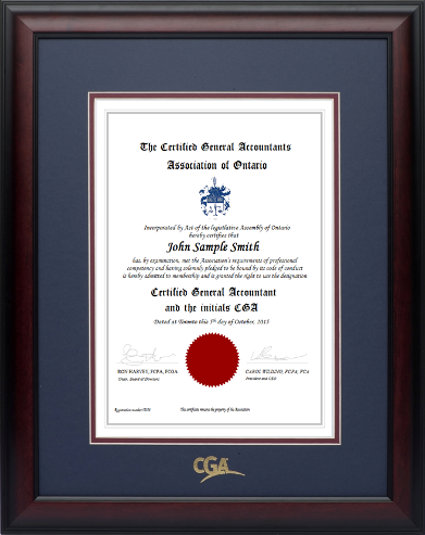 Satin mahogany wood frame with double mat board (NPB/MAR) for VERTICAL CGA Ontario designation